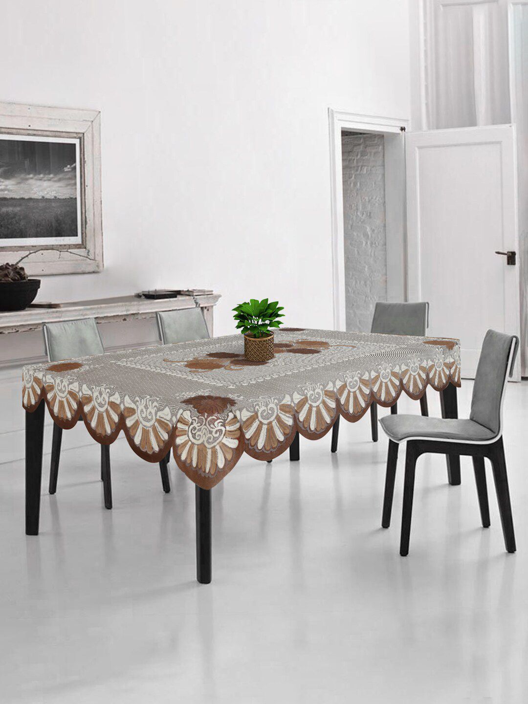 HOSTA HOMES Brown Self-Embossed 6 Seater Table Cover Price in India