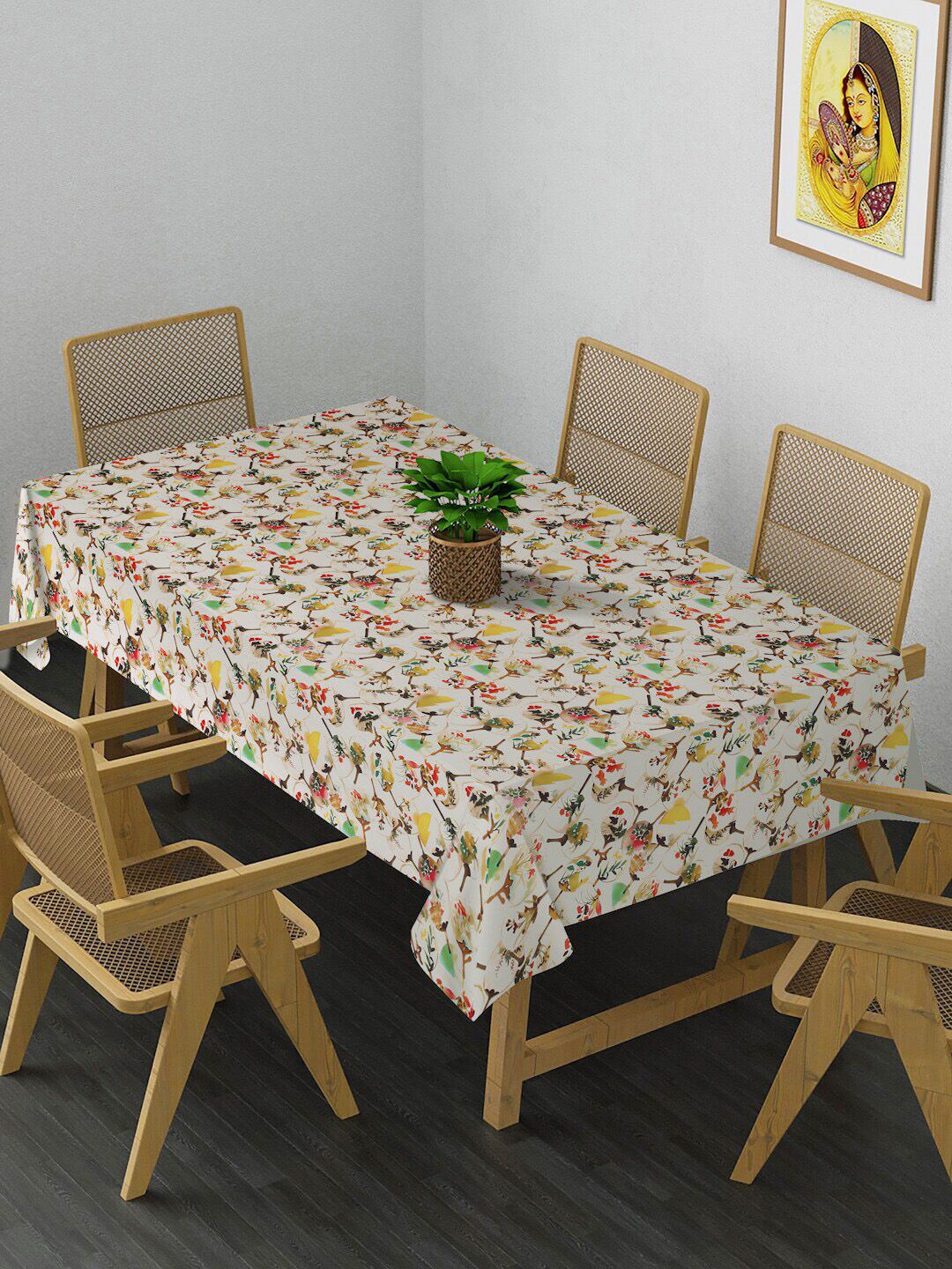 HOSTA HOMES Cream Colored & Red Floral Printed Cotton 6 Seater Table Covers Price in India