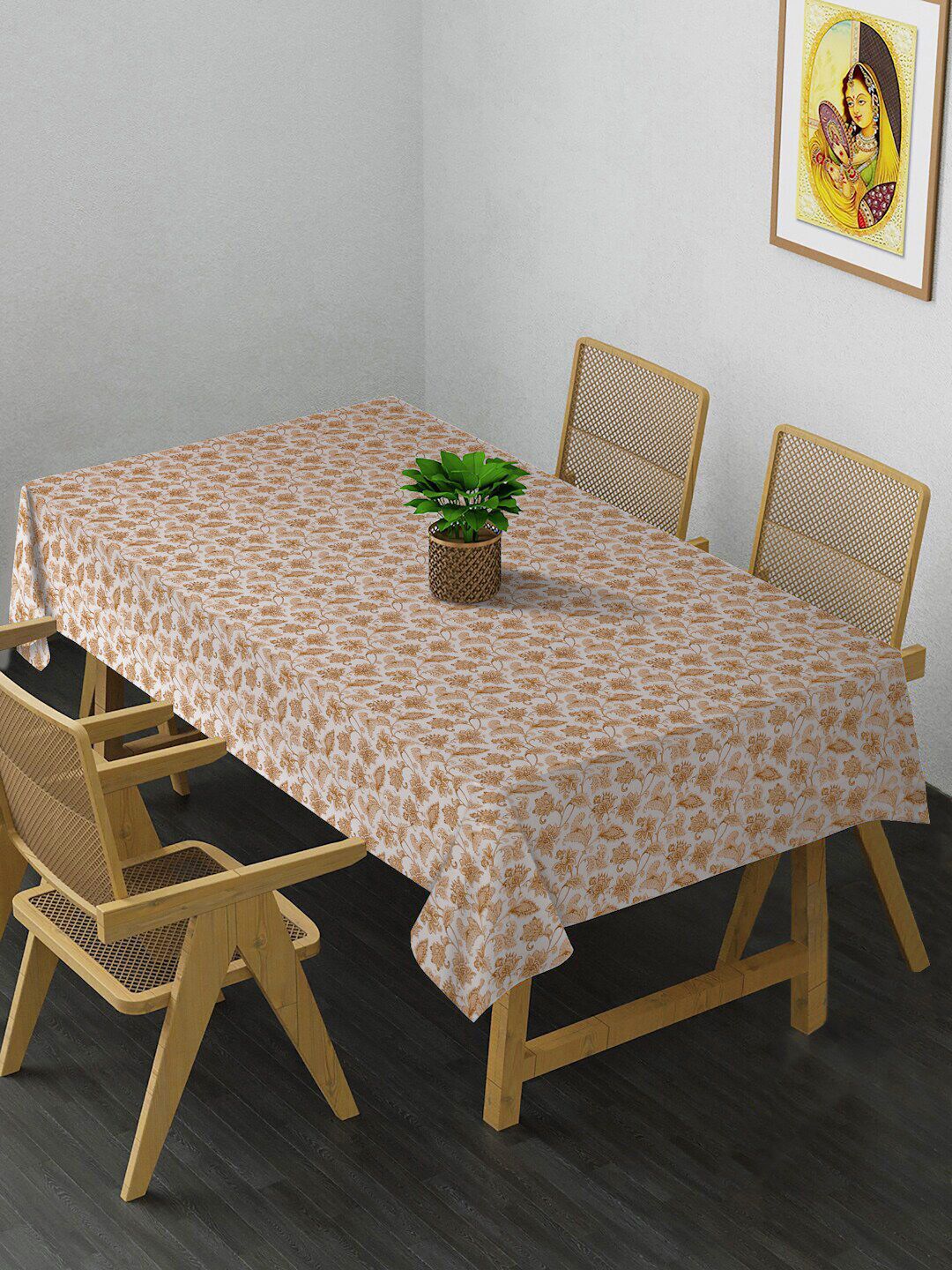 HOSTA HOMES White & Mustard Yellow Printed 4-Seater Rectangular Table Cover Price in India