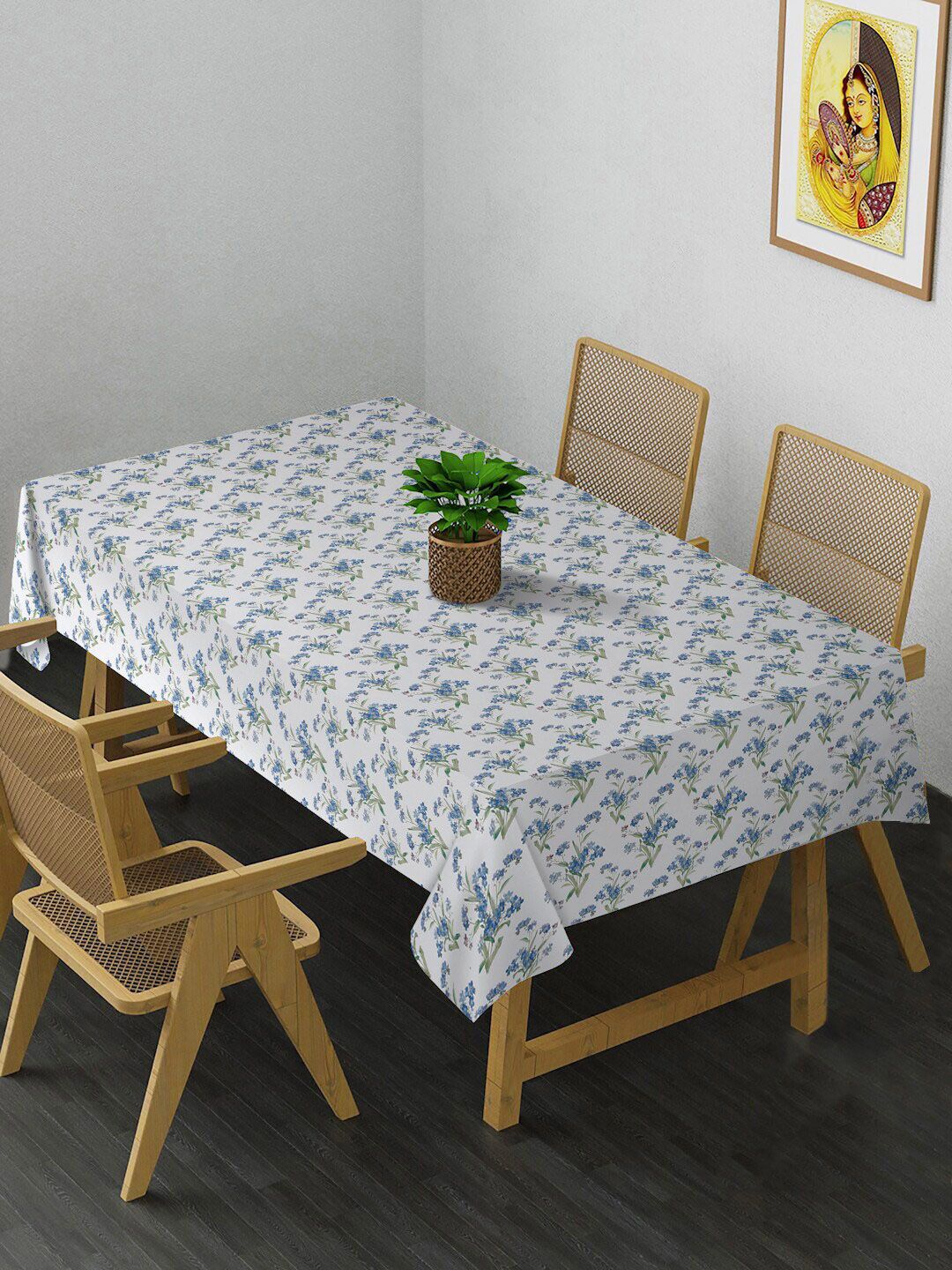 HOSTA HOMES White & Blue Floral Printed 4 Seater Table Cover Price in India