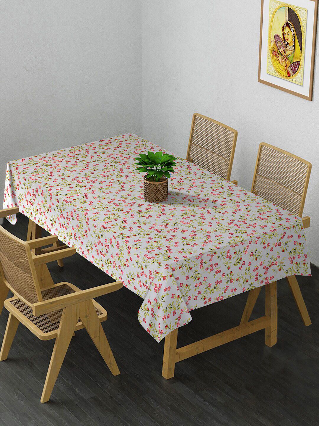 HOSTA HOMES  White & Pink Digital Printed 4-Seater Table Cover Price in India