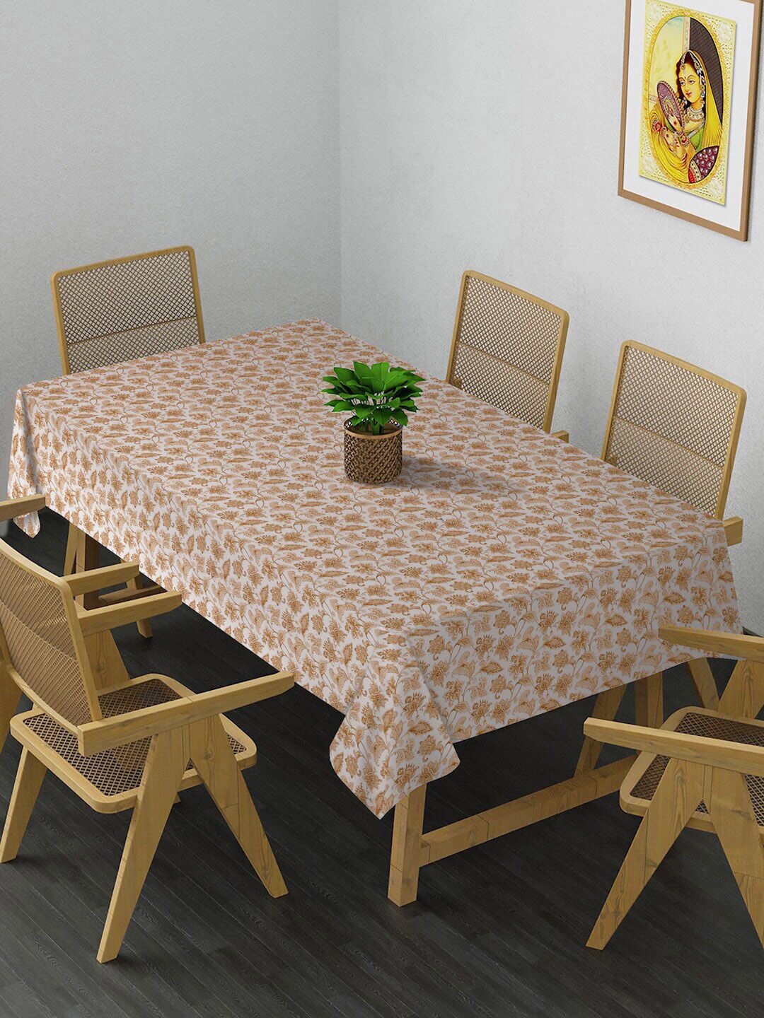 HOSTA HOMES  White & Beige Printed 6-Seater Table Covers Price in India