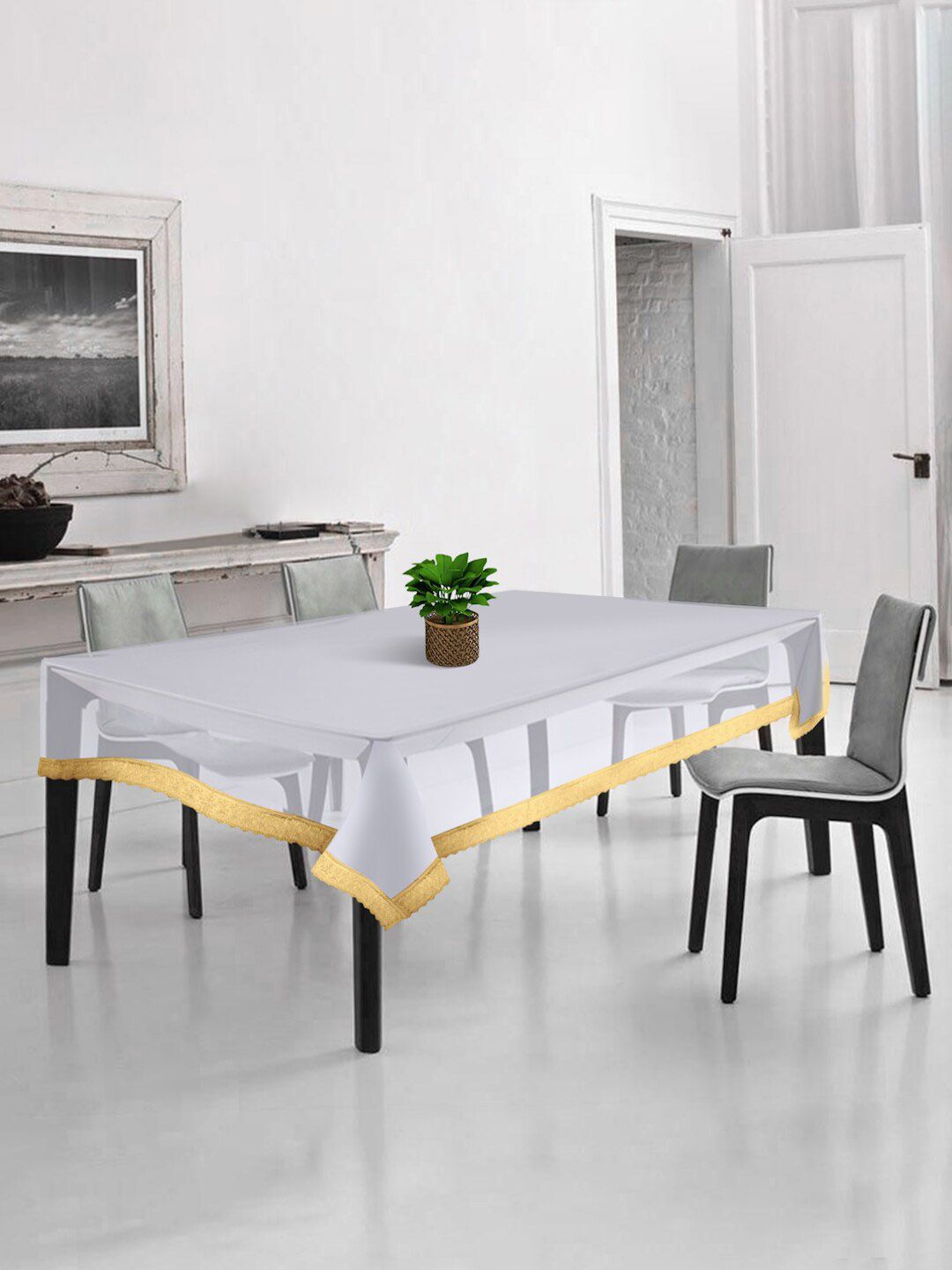 HOSTA HOMES Transparent & Gold-Coloured Solid With Lace Border 4-Seater Table Cover Price in India