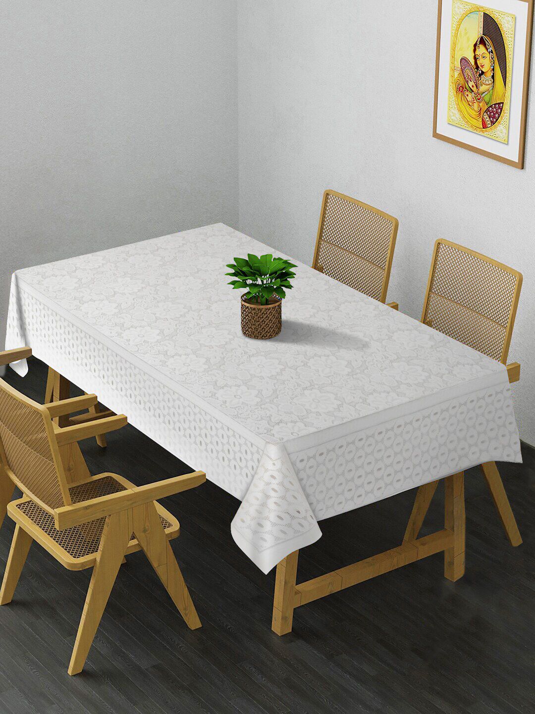 HOSTA HOMES White Solid Self Embossed 4 Seater Table Cover Price in India