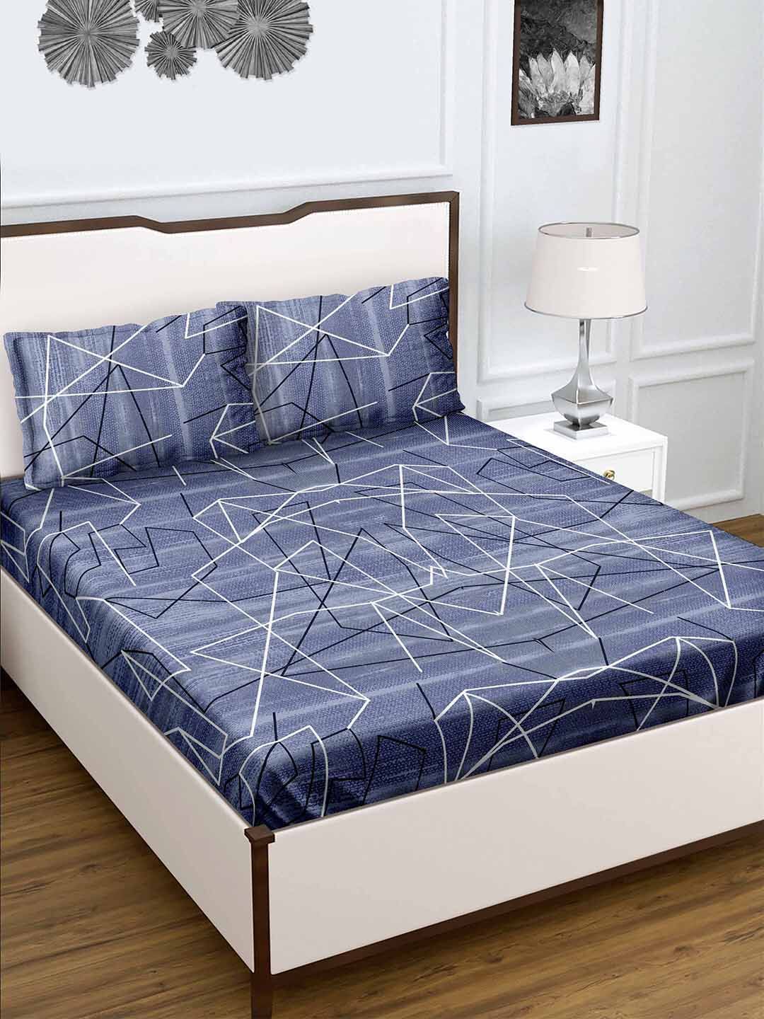 BELLA CASA Blue & Off White 210 TC Cotton King Bedsheet with 2 Pillow Covers Price in India