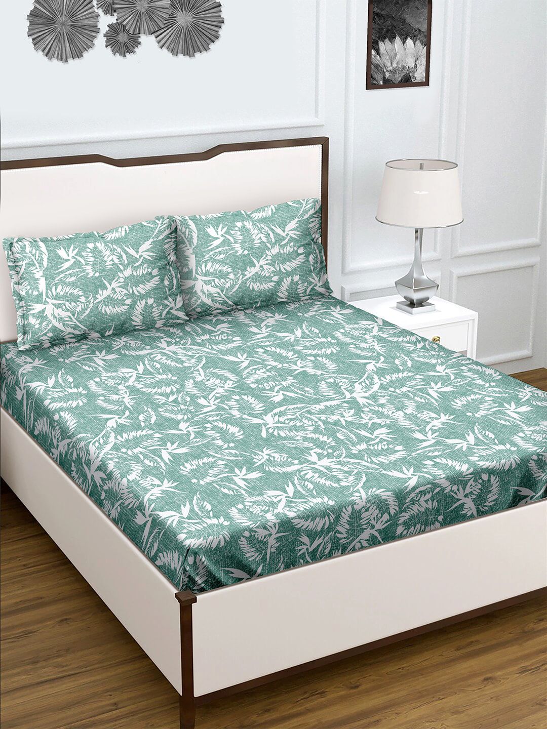 BELLA CASA Teal & Off White Floral 210 TC Cotton Queen Bedsheet with 2 Pillow Covers Price in India