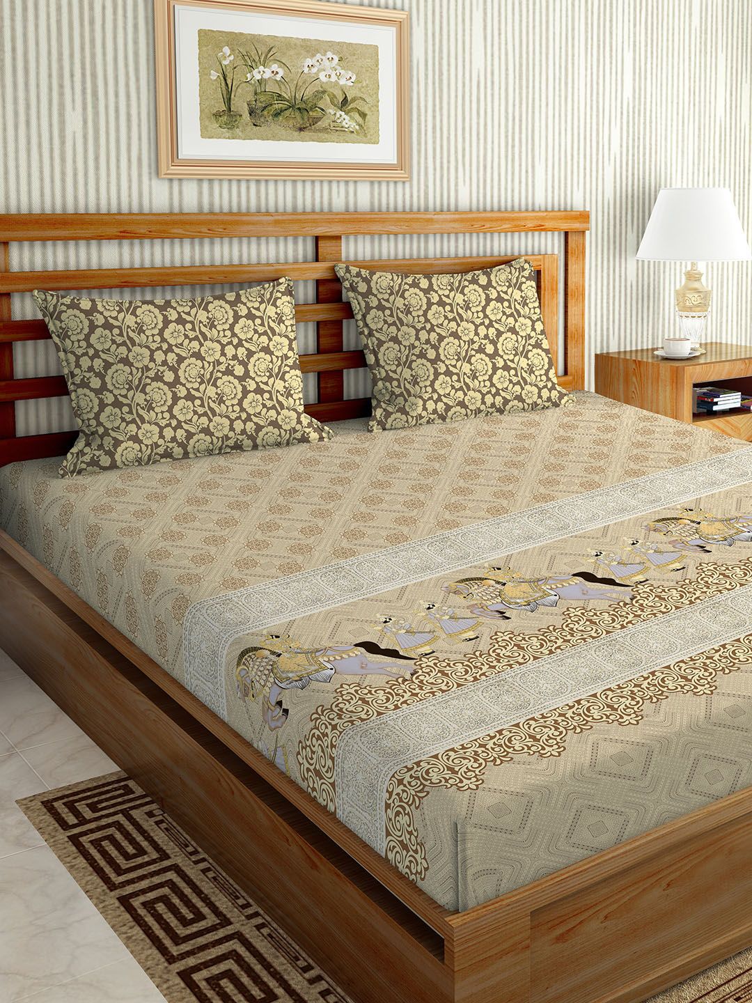 BELLA CASA Brown & Yellow Floral 180 TC Queen Bedsheet with 2 Pillow Covers Price in India