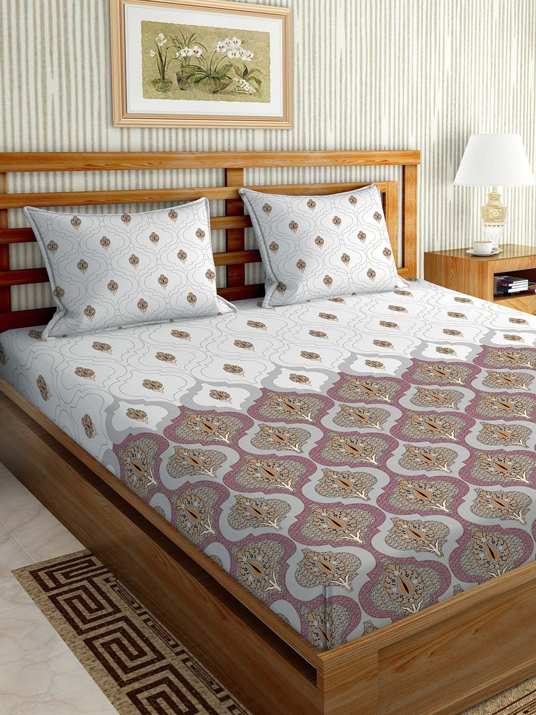 BELLA CASA Purple & White Ethnic Motifs 180 TC King Bedsheet with 2 Pillow Covers Price in India