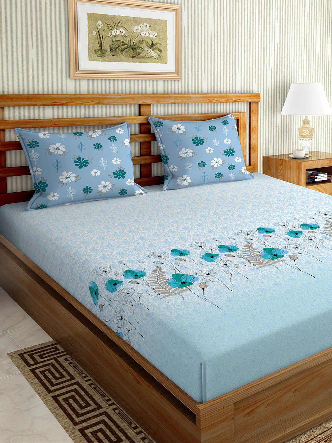BELLA CASA Blue & Grey Floral 180 TC King Bedsheet with 2 Pillow Covers Price in India