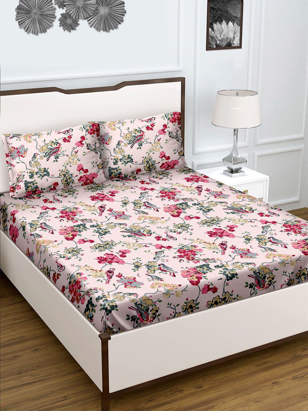 BELLA CASA Pink & Green Floral 180 TC King Bedsheet with 2 Pillow Covers Price in India