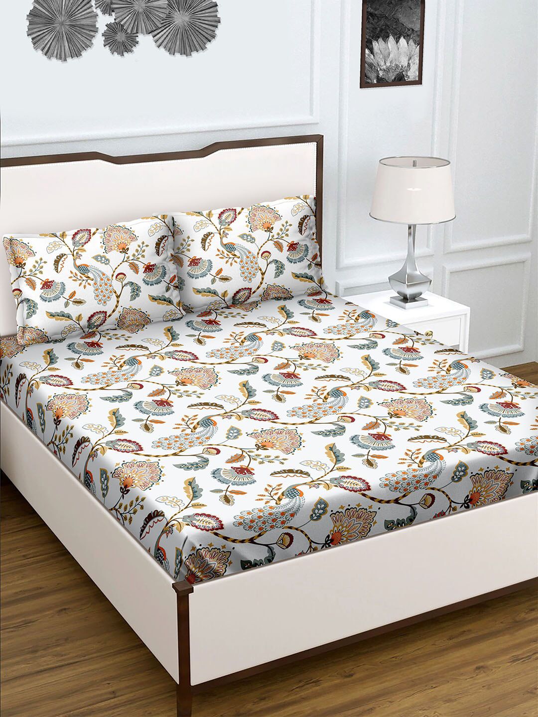 BELLA CASA White & Green Floral 180 TC King Bedsheet with 2 Pillow Covers Price in India