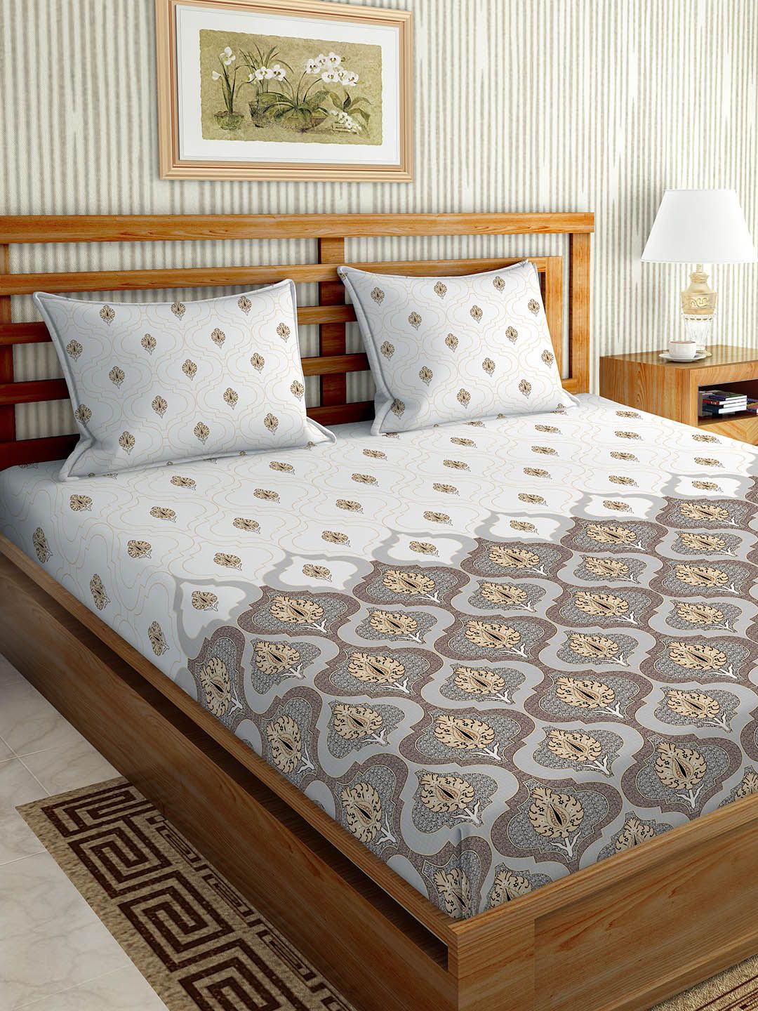 BELLA CASA White & Grey Ethnic Motifs 180 TC King Bedsheet with 2 Pillow Covers Price in India