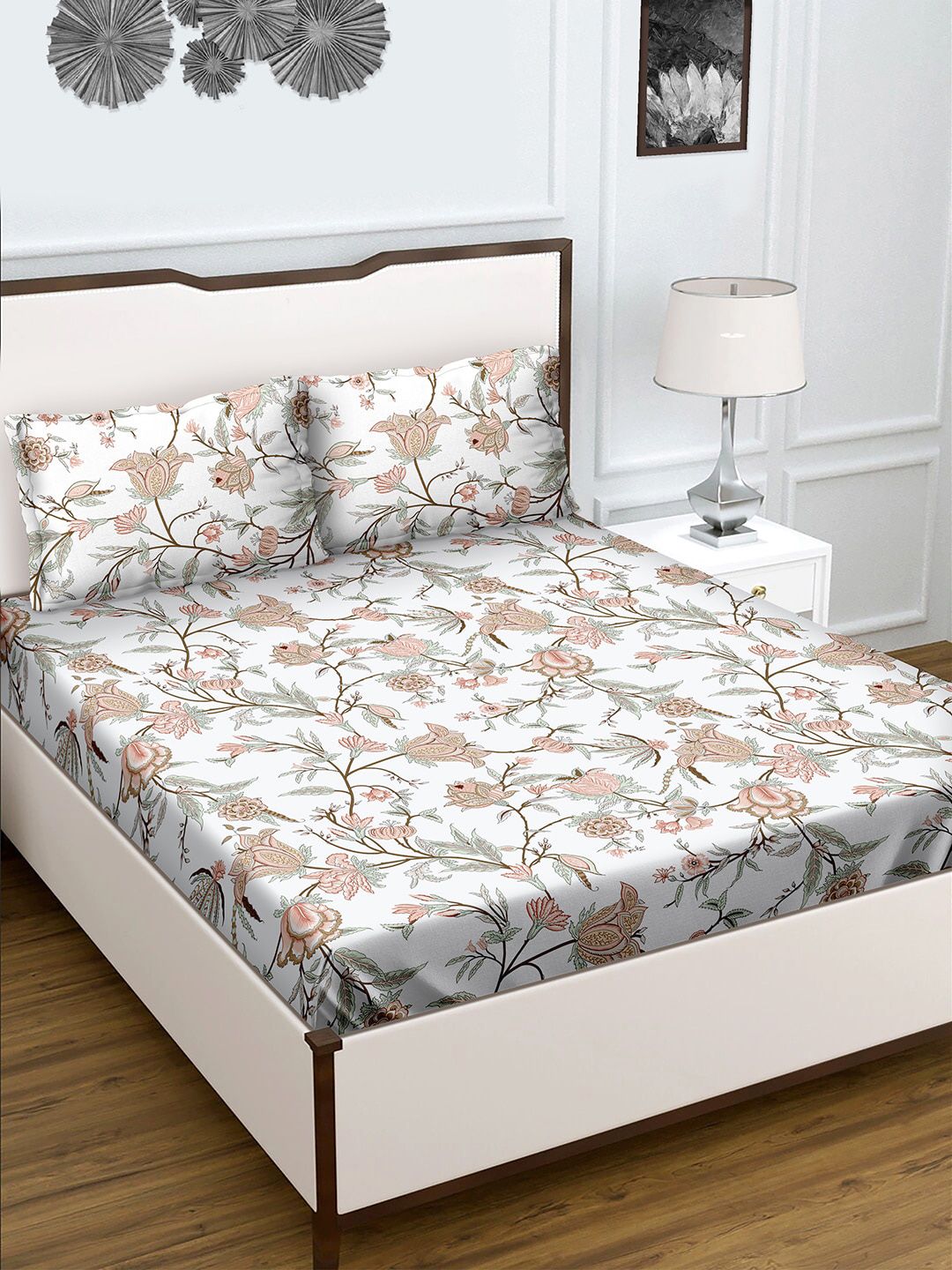 BELLA CASA Brown & Off White Printed 180 TC King Bedsheet With 2 Pillow Covers Price in India