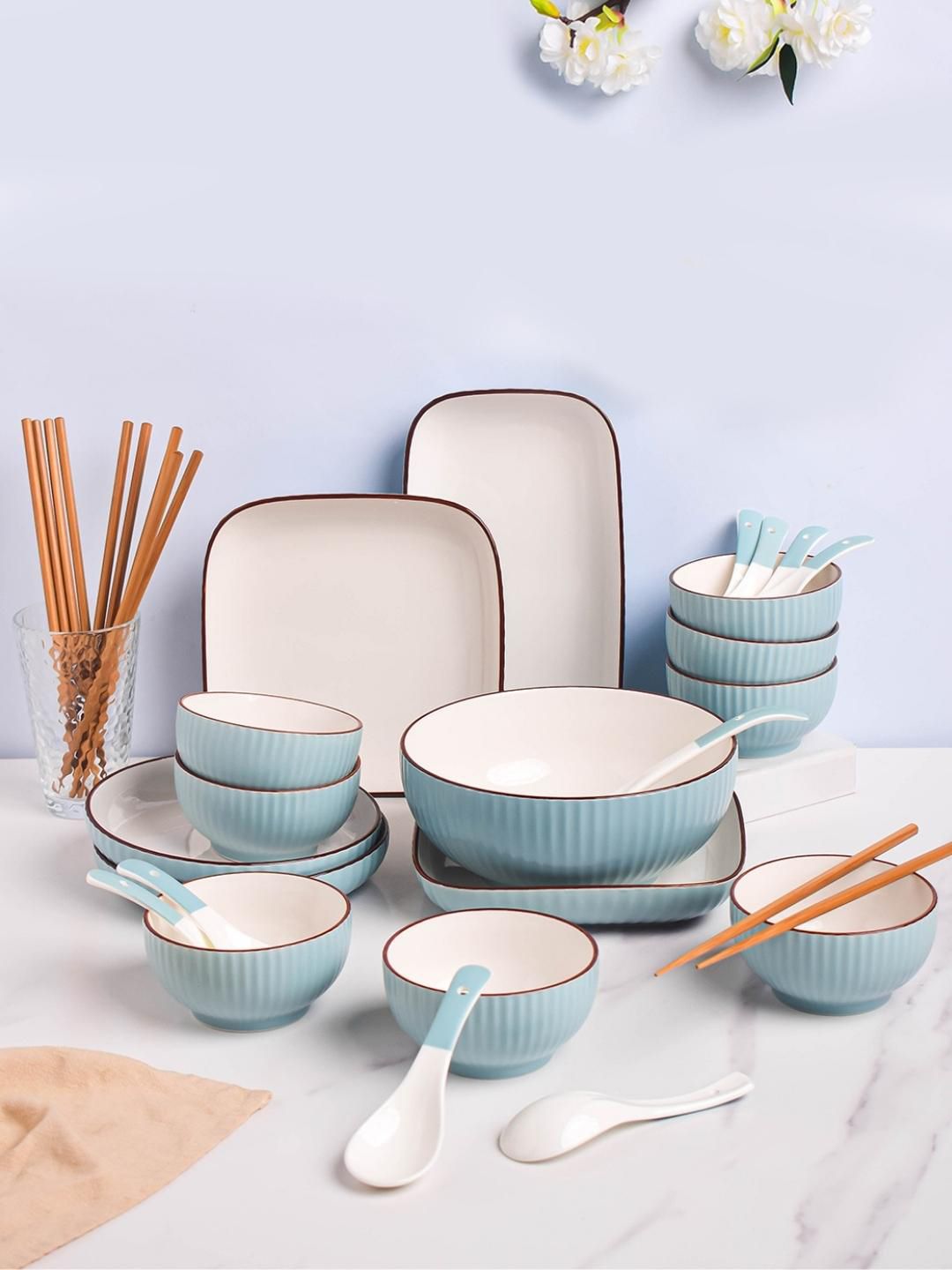 Nestasia Blue & Blue Pieces Textured Ceramic Glossy Dinner Set Price in India