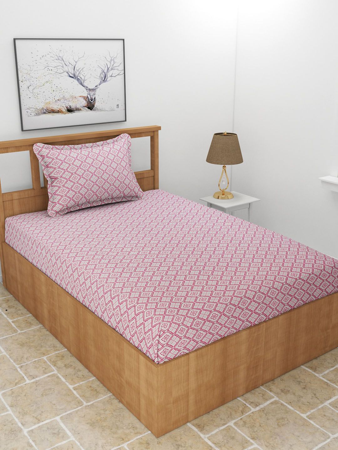 MORADO Pink & Grey Geometric 210 TC Single Bedsheet with 1 Pillow Cover Price in India