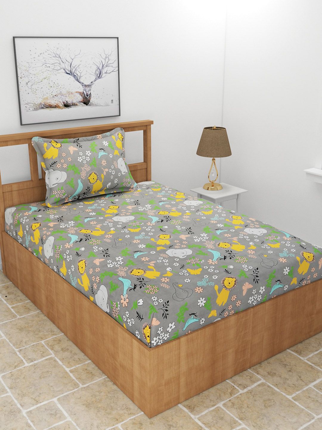 MORADO Grey & Yellow Graphic 210 TC Single Bedsheet with 1 Pillow Cover Price in India