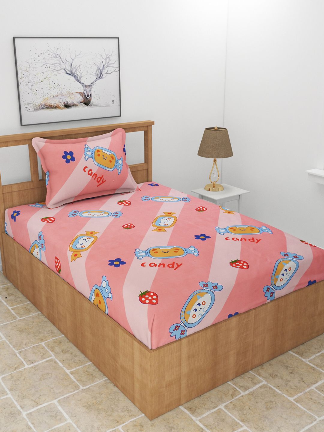 MORADO Pink & Blue Conversational 210 TC Single Bedsheet with 1 Pillow Cover Price in India