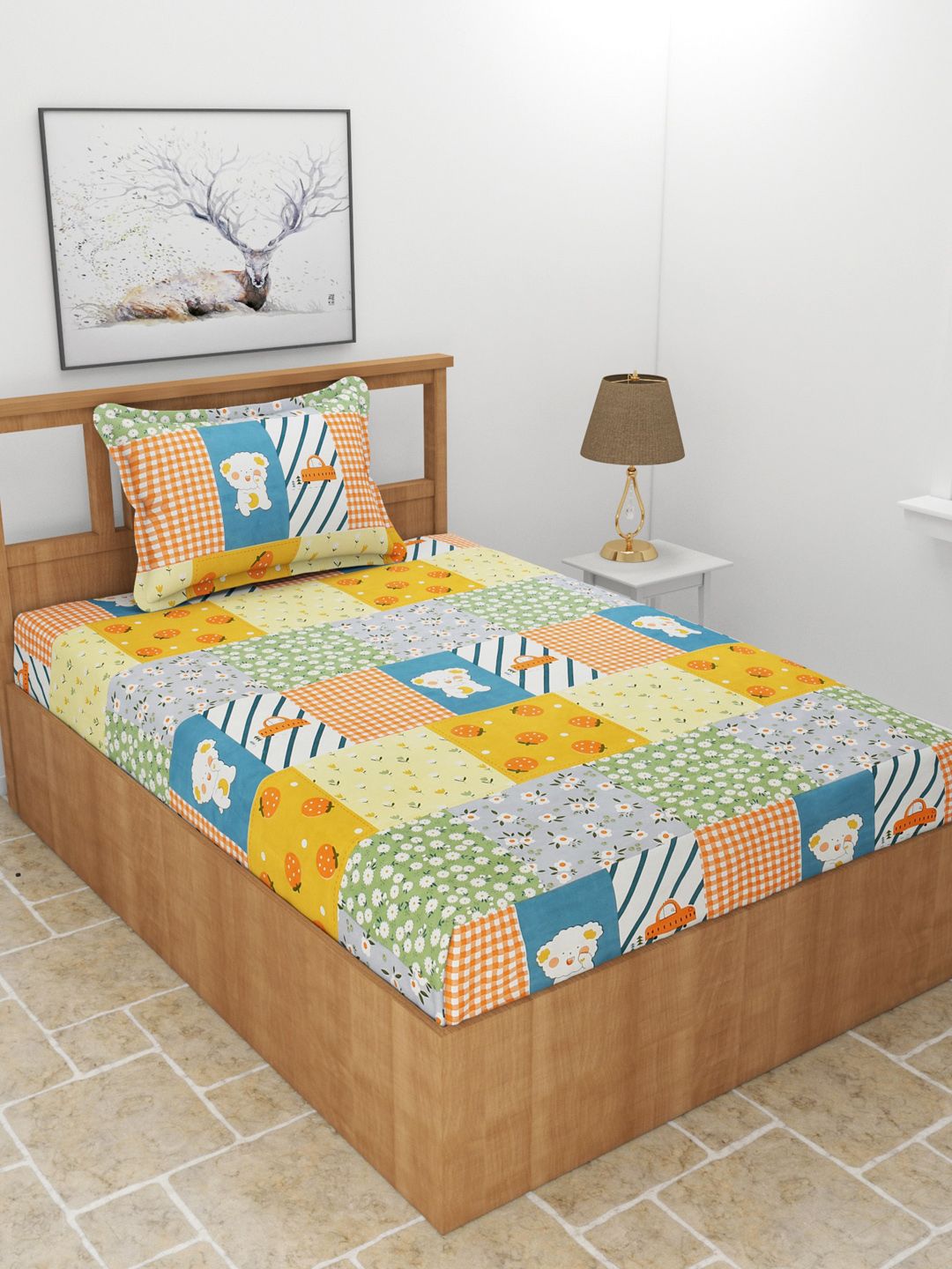 MORADO Yellow & Orange Printed 210 TC Single Bedsheet With 1 Pillow Cover Price in India