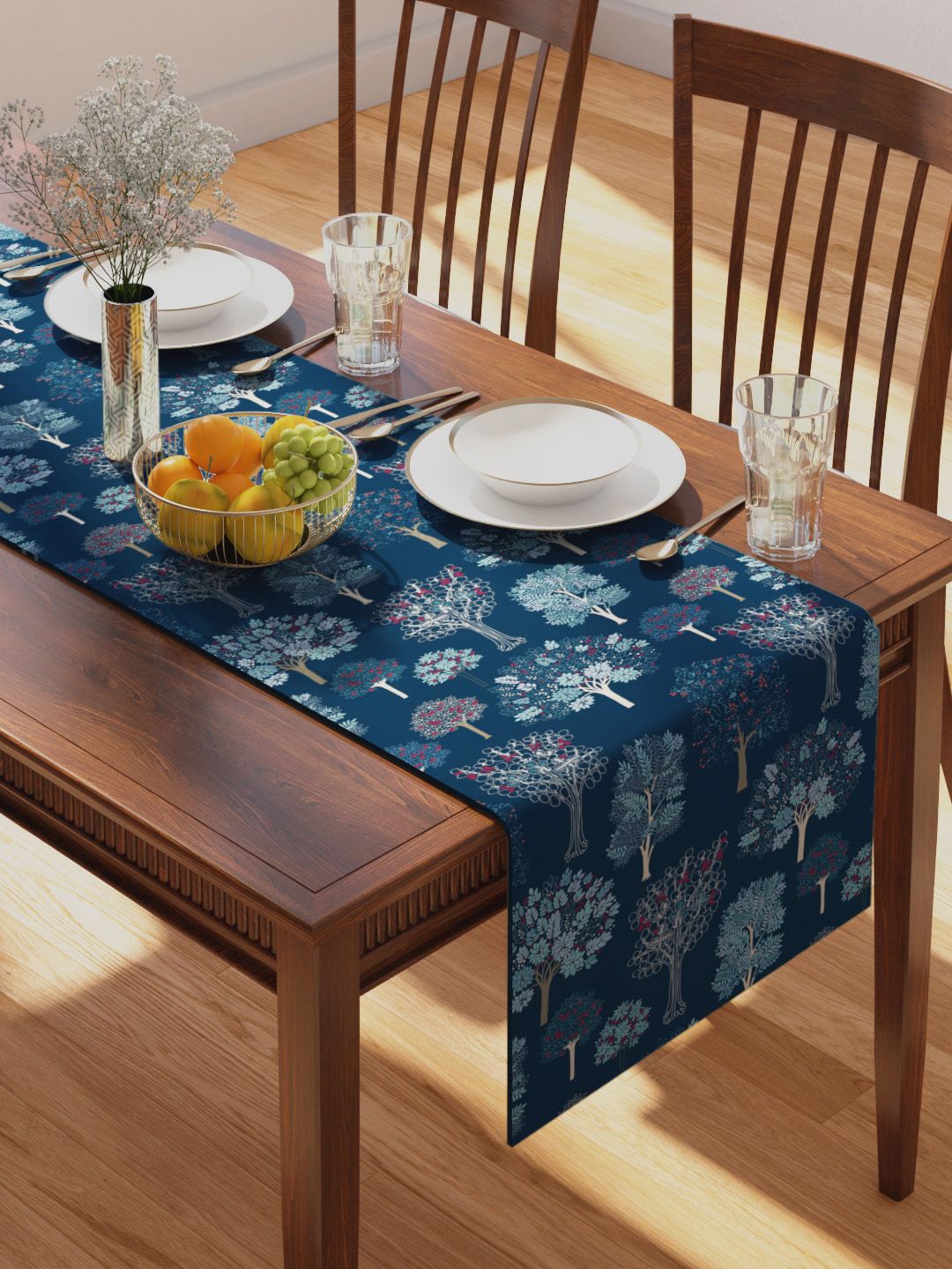 PETAL HOME Blue Floral Printed Pure Cotton Table Runner Price in India