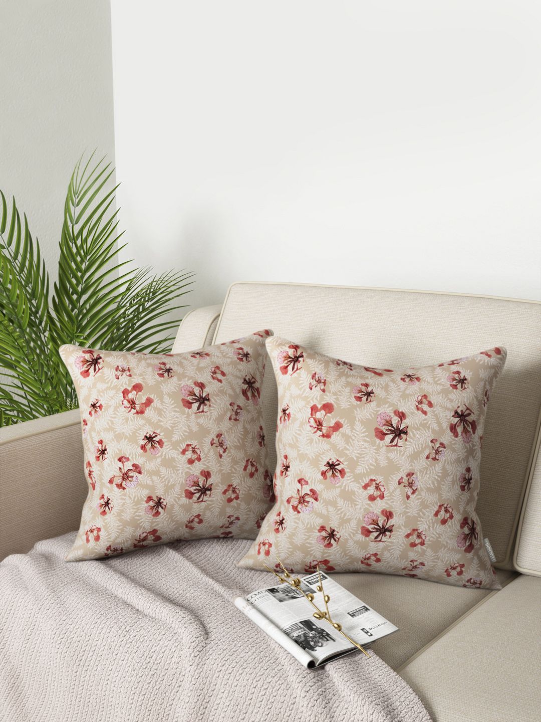 PETAL HOME Beige Set of 2 Floral Poinciana Pure Cotton Square Cushion Covers