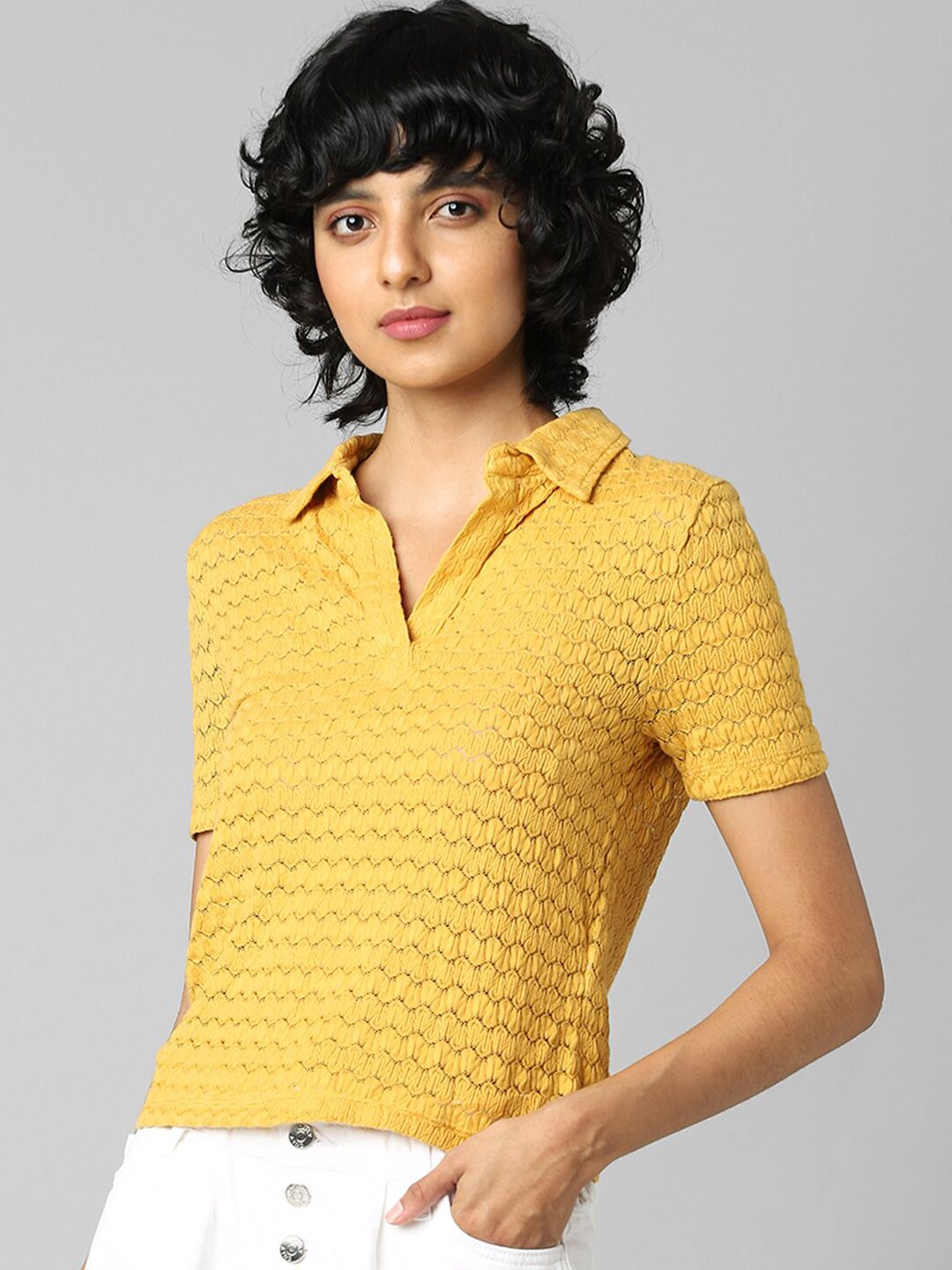 ONLY Women Yellow Polo Collar Slim Fit T-shirt Price in India