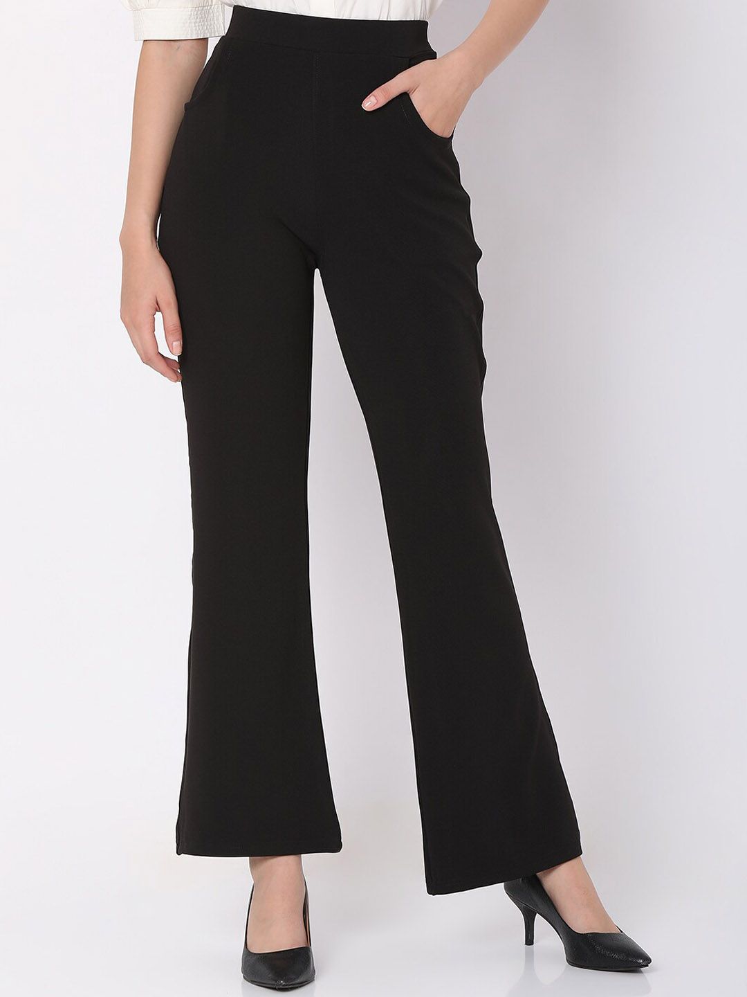 Smarty Pants Women Black Relaxed Straight Leg Flared Easy Wash Trousers Price in India