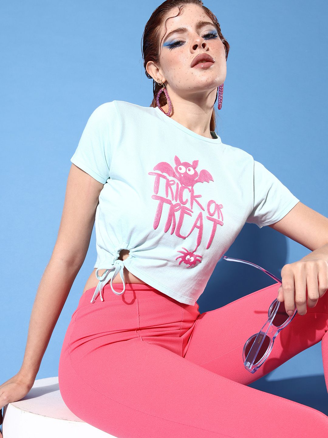 People Blue & Pink Halloween Typography Printed Pure Cotton Crop Top Price in India