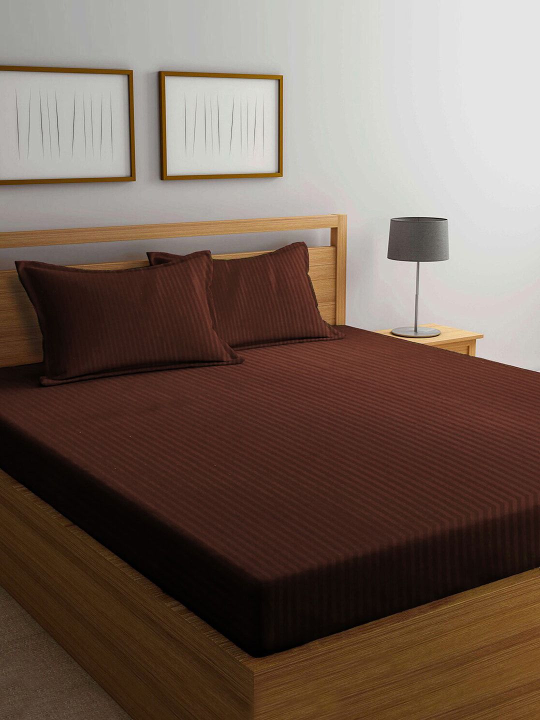 AEROHAVEN Coffee Brown Striped 300 TC Cotton King Size Bedsheet with 2 Pillow Covers Price in India