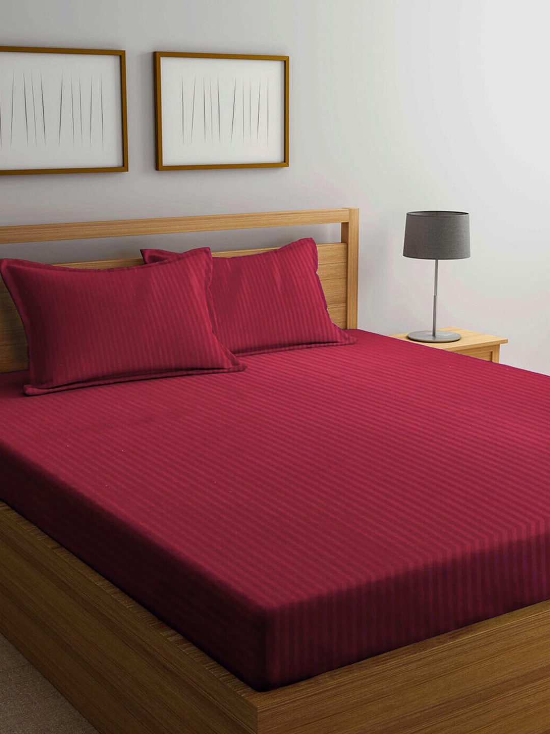 AEROHAVEN Red Striped 300 TC Cotton King Bedsheet with 2 Pillow Covers Price in India