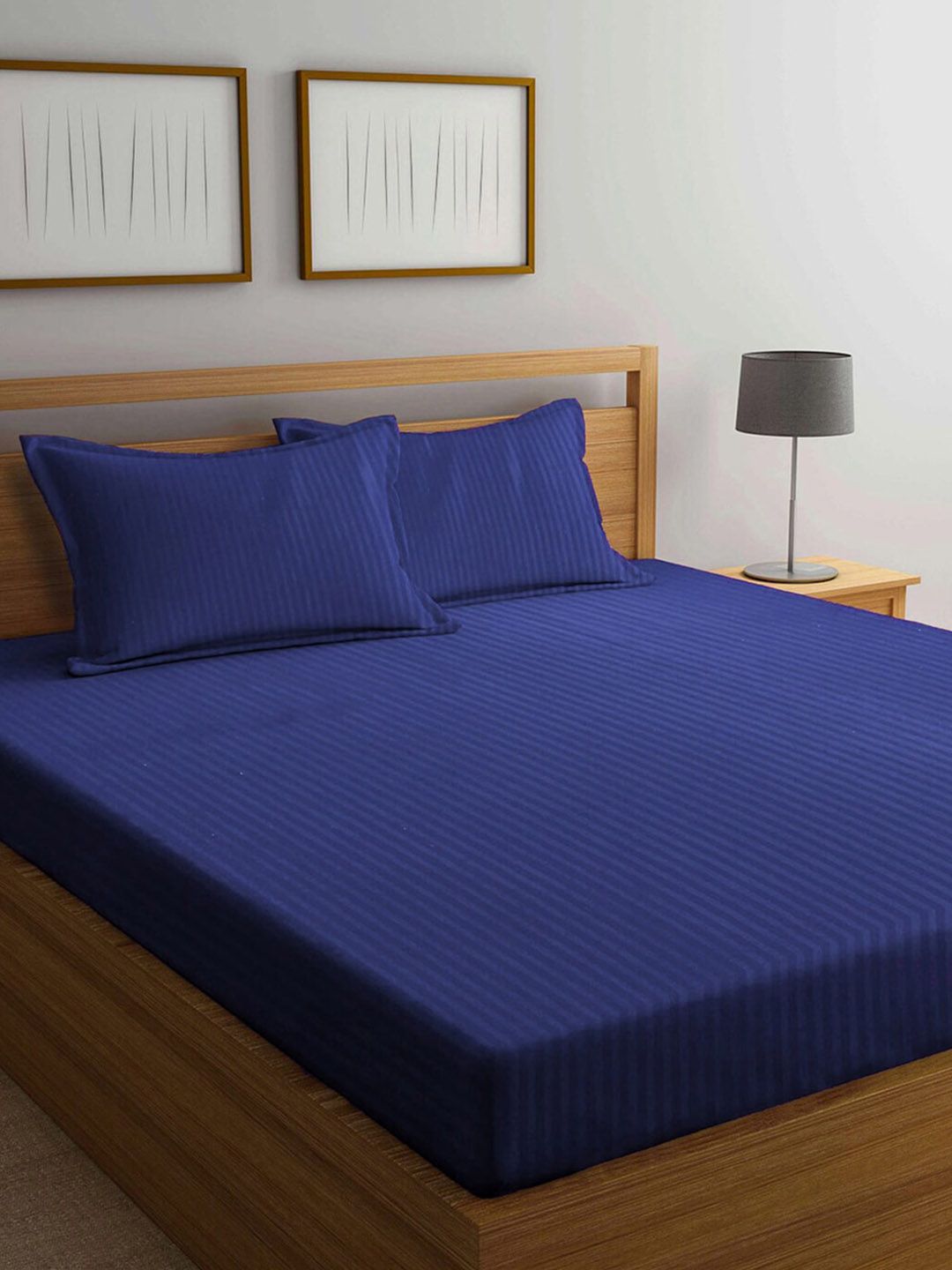 AEROHAVEN Navy Blue Striped 300 TC Cotton King Bedsheet with 2 Pillow Covers Price in India