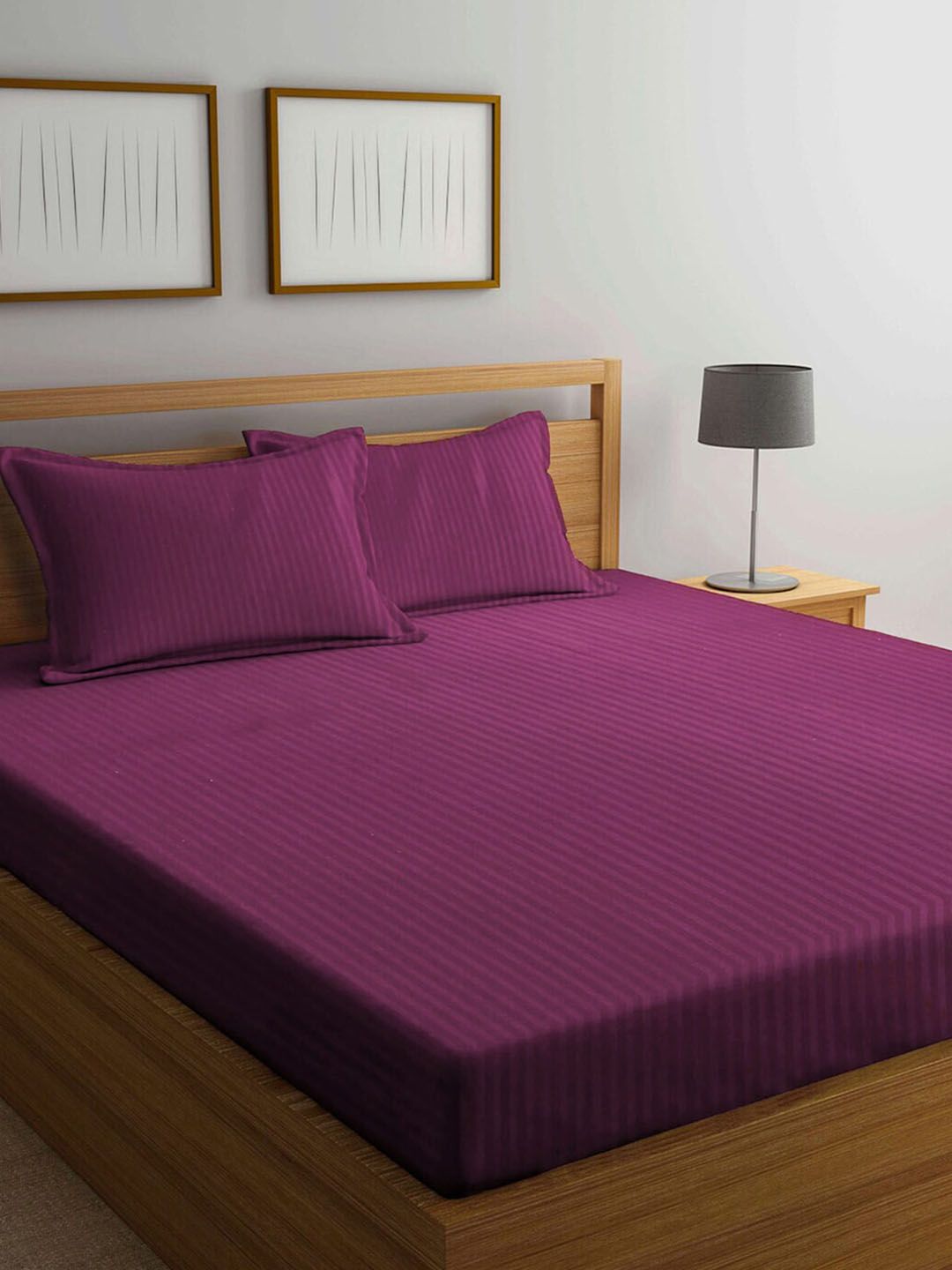 AEROHAVEN Purple Striped 300 TC Cotton King Bedsheet with 2 Pillow Covers Price in India