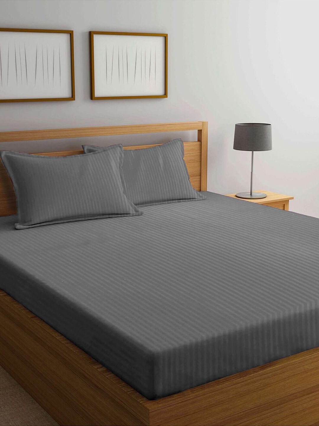 AEROHAVEN Grey Striped 300 TC Cotton King Bedsheet with 2 Pillow Covers Price in India