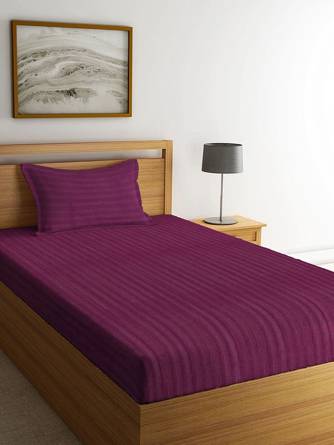 AEROHAVEN Purple Striped 300 TC Cotton Single Bedsheet with 1 Pillow Cover Price in India