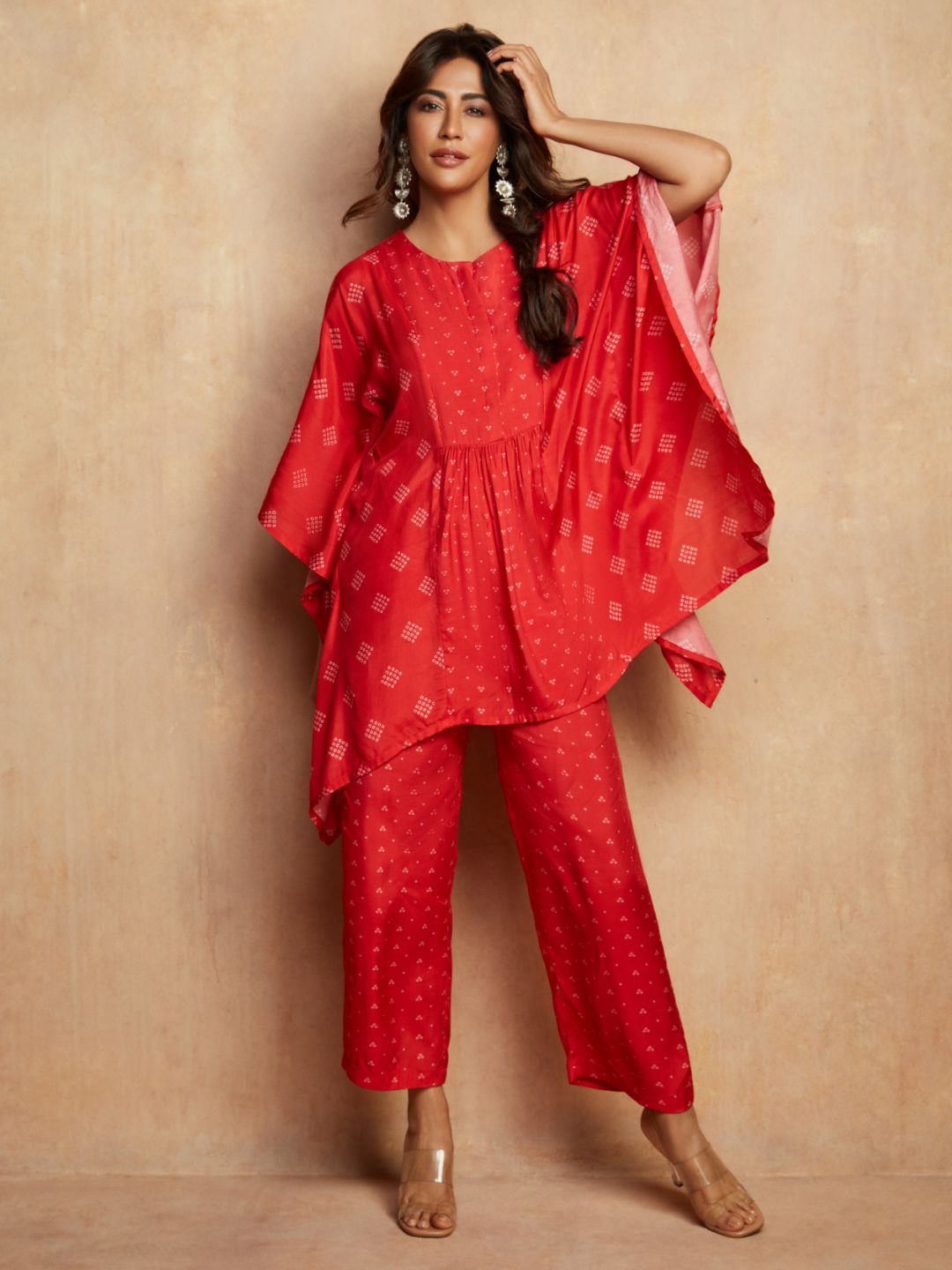 trueBrowns Women Red Printed Gathered Kaftan Co-Ords Set Price in India