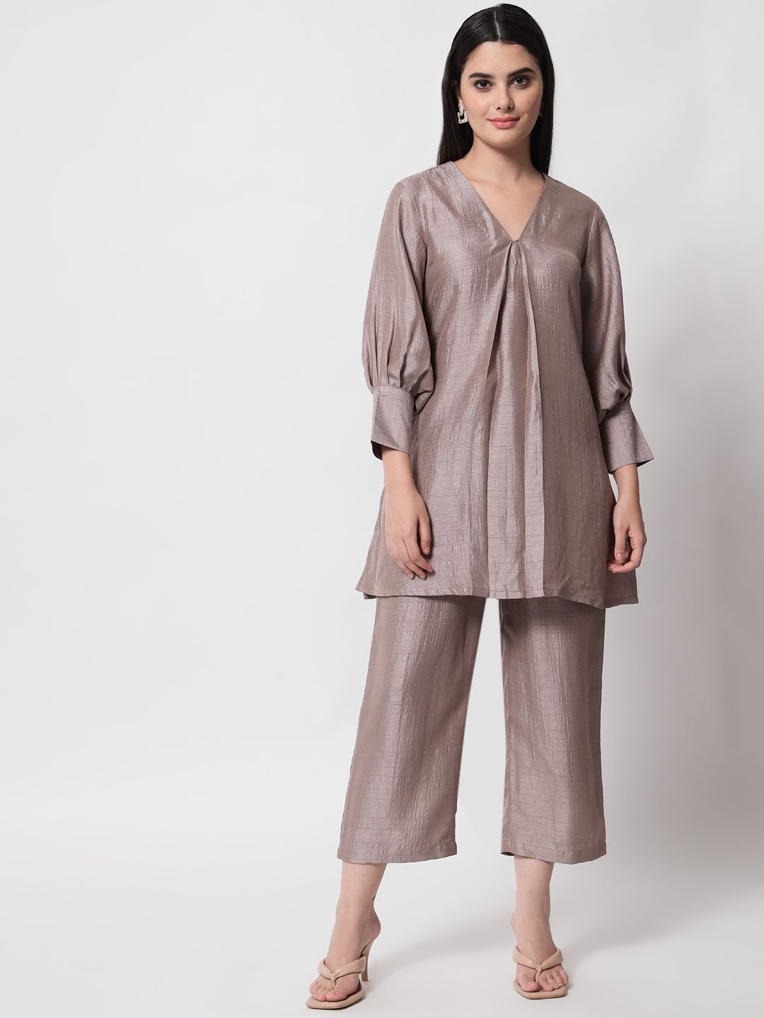 trueBrowns Women Grey Textured Silk Co-Ord Set Price in India