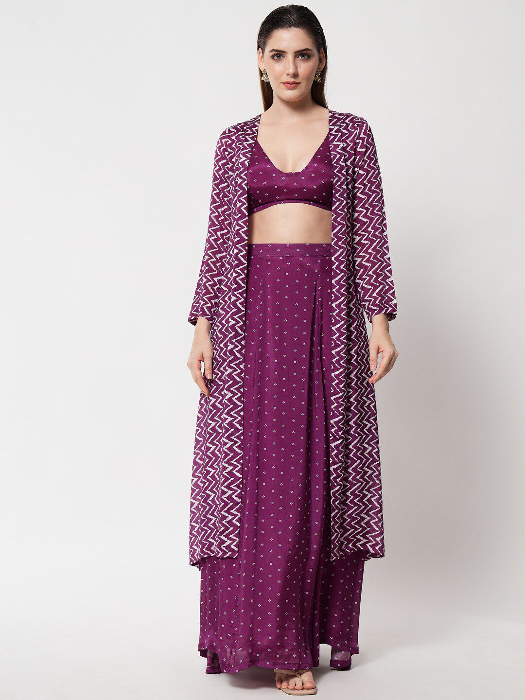 trueBrowns Women Purple Bandhani Printed Silk Co-Ords Set Price in India