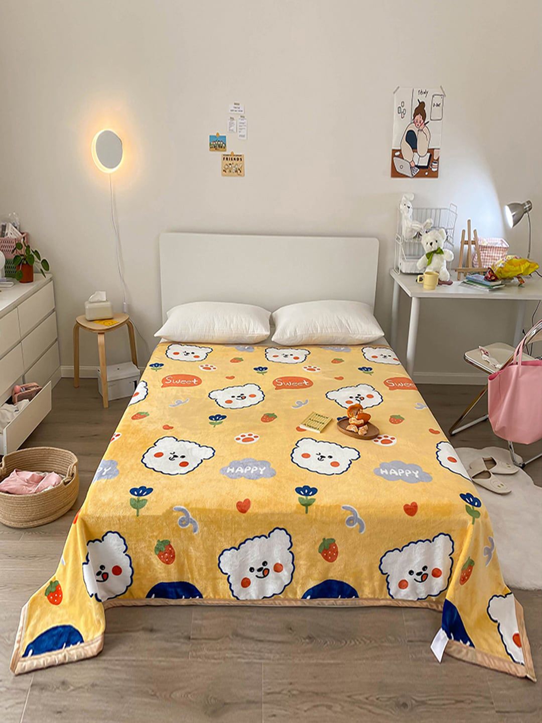 JC Collection Yellow & White Cartoon Characters AC Room 350 GSM Double Bed Blanket Price in India