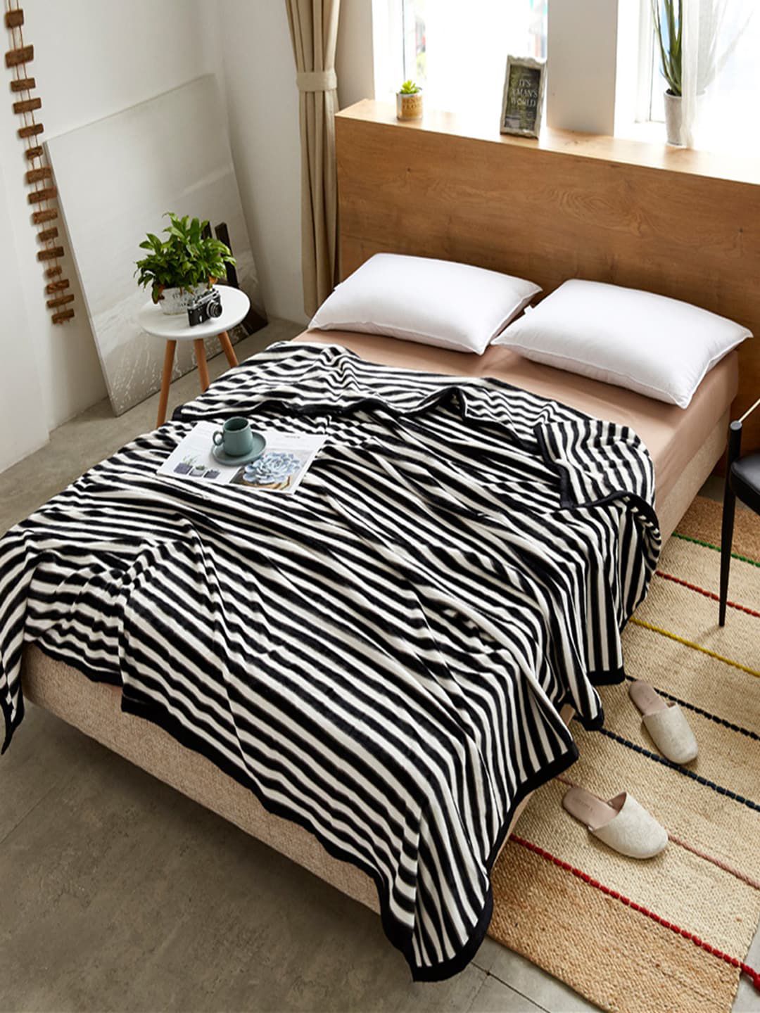 JC Collection Black & White Striped AC Room 300 GSM Single Bed Blanket Price in India