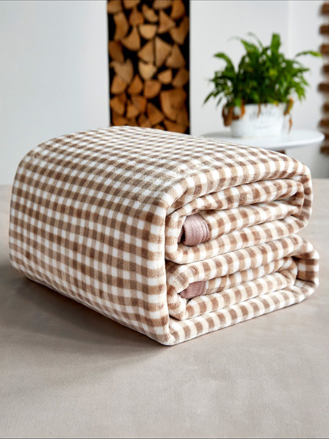 JC Collection Brown & White Checked AC Room 300 GSM Double Bed Blanket Price in India