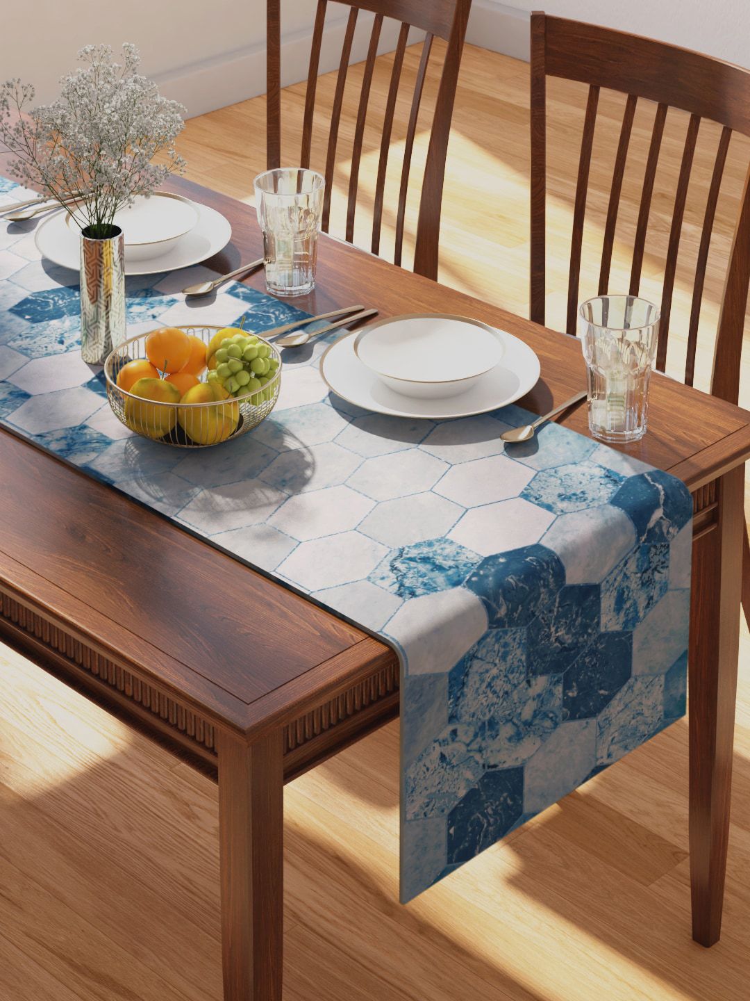 PETAL HOME Blue Printed Pure Cotton Table Runner Price in India