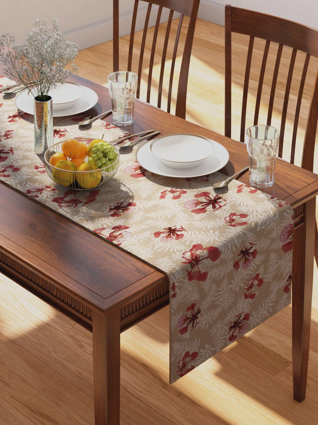 PETAL HOME Beige & Red Printed Cotton Table Runners Price in India
