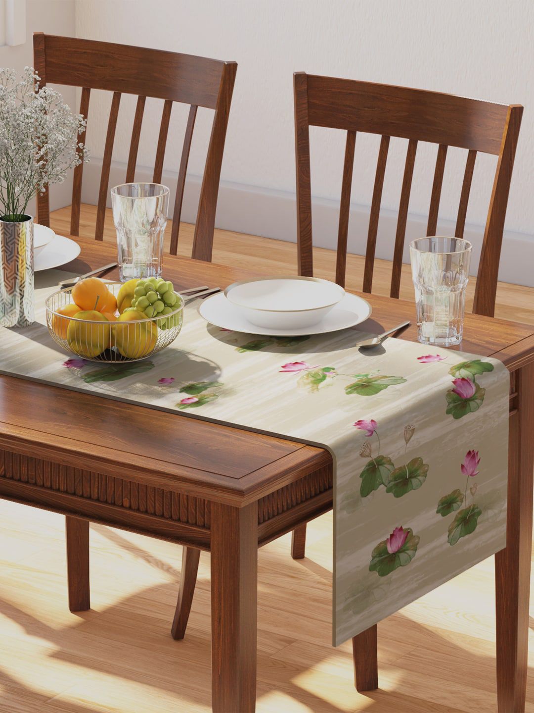 PETAL HOME Beige Floral Printed Pure Cotton Table Runners Price in India