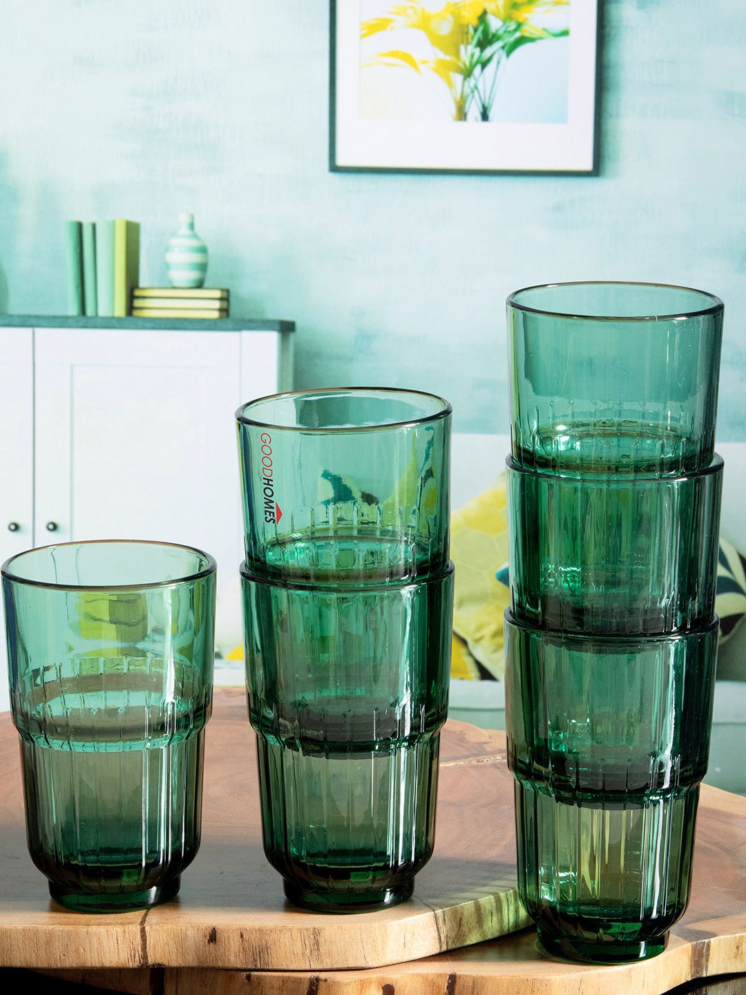 GOODHOMES Set of 6 Green Solid Glass Tumbler Price in India