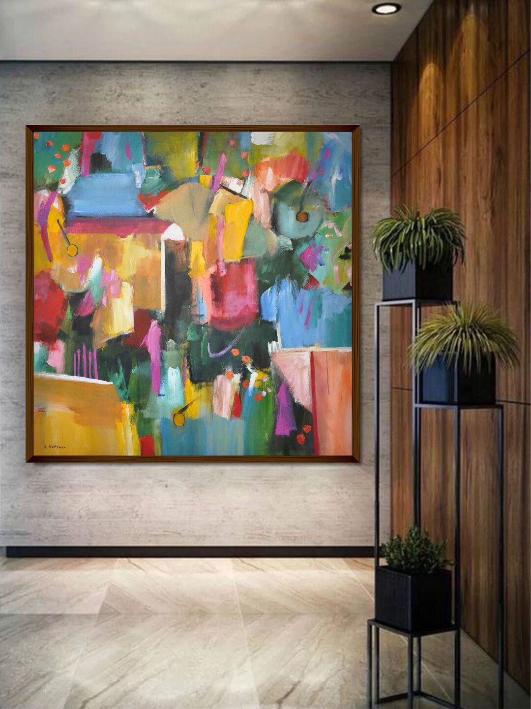 The Art House Yellow & Blue Abstract Framed Wall Painting Price in India