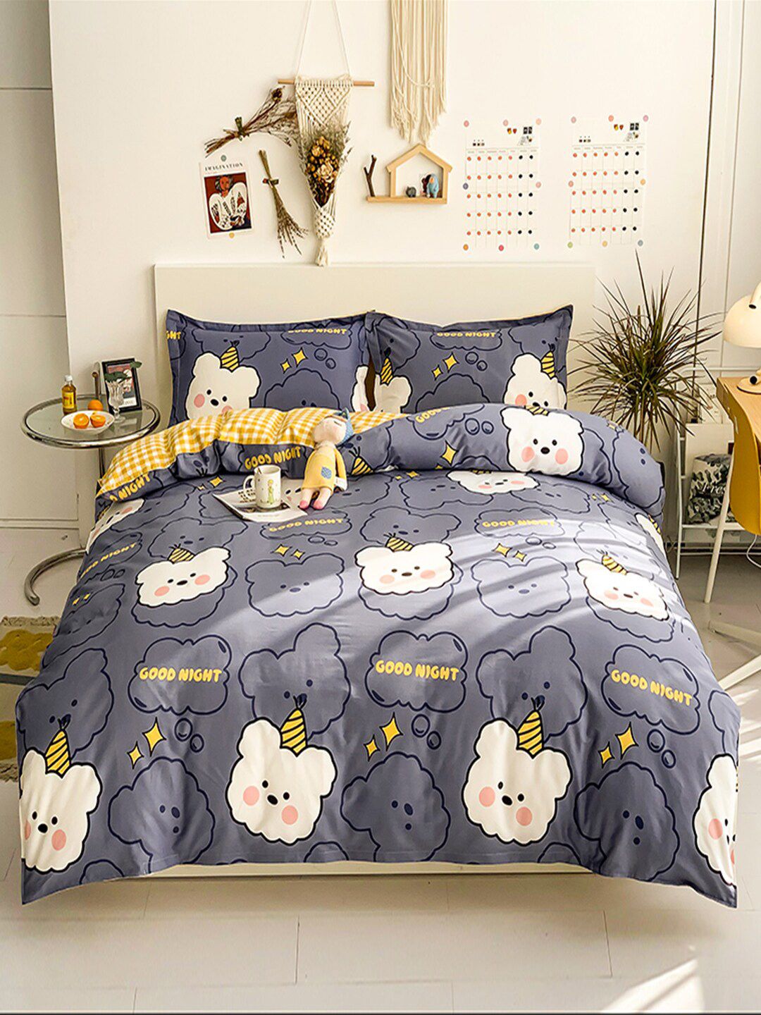 JC Collection Set of 4 Yellow & Grey Printed Pure Cotton  Bedding Set Price in India
