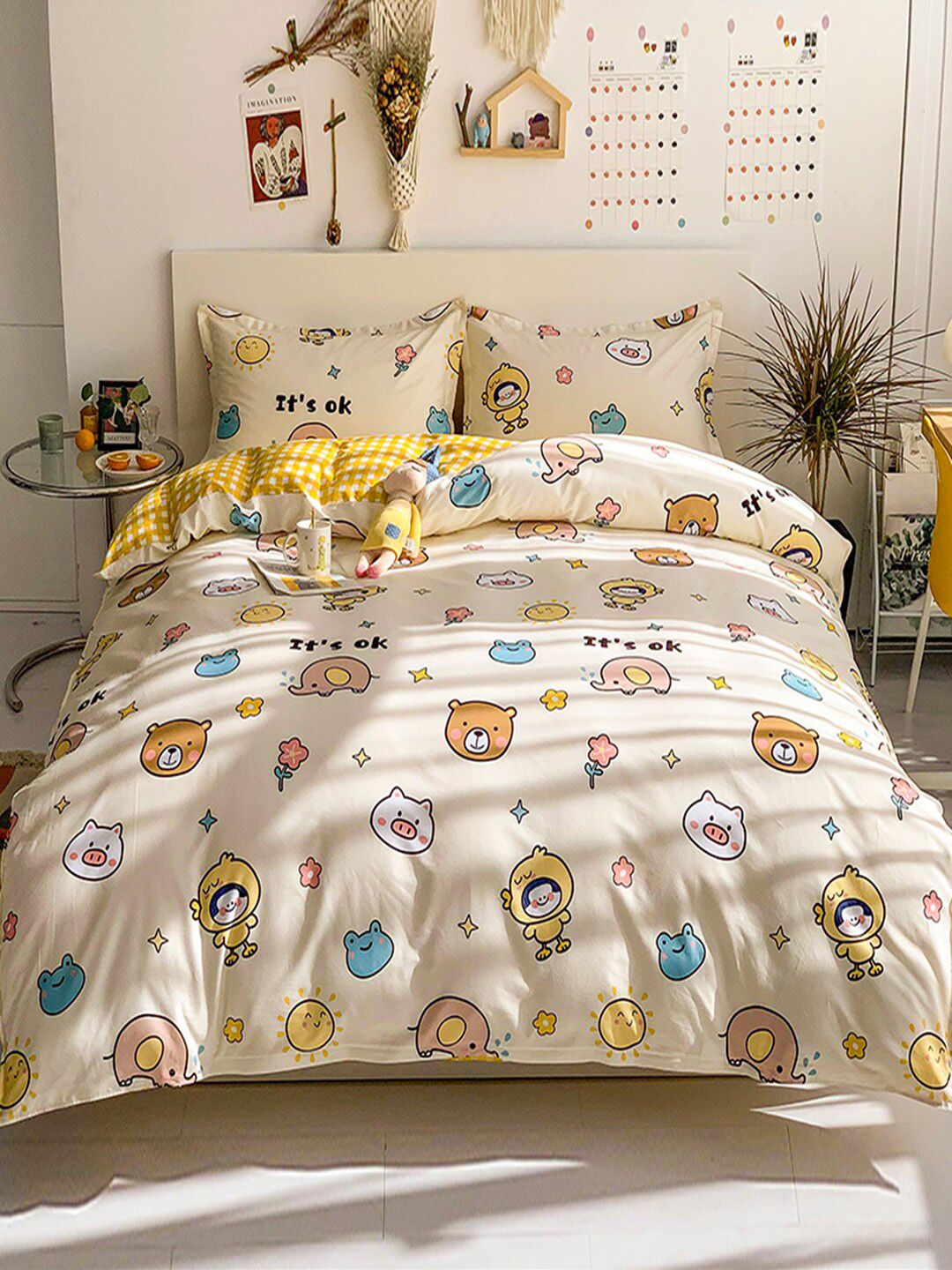 JC Collection Pure cotton Yellow Printed Double King Bedding Set Price in India
