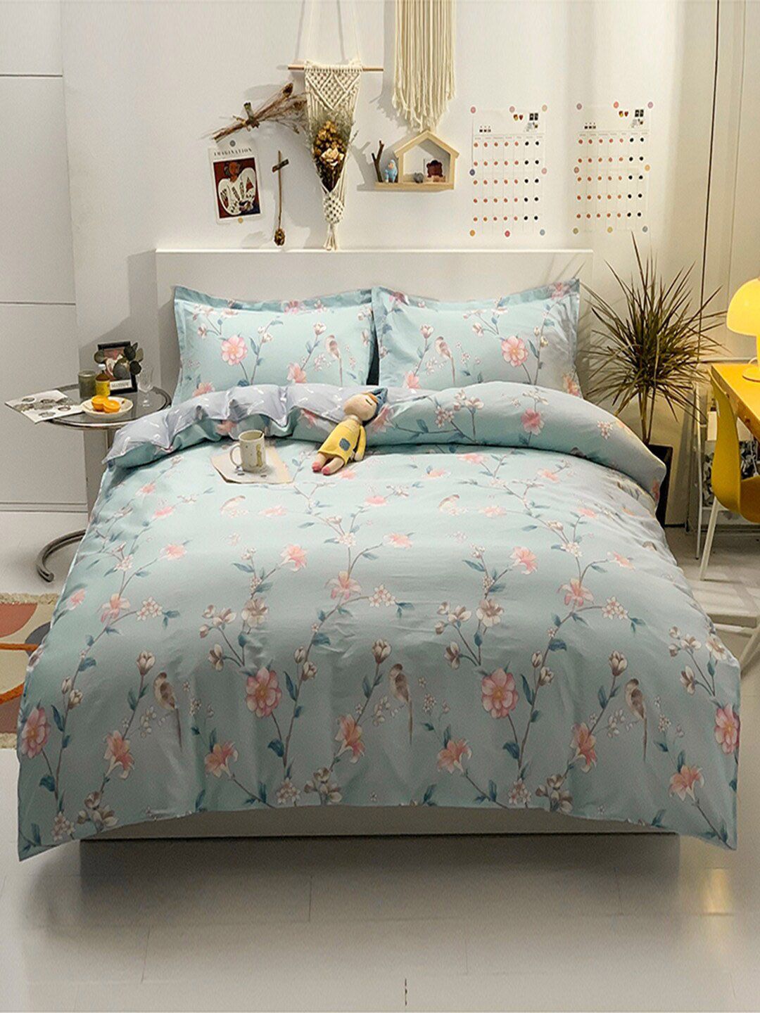 JC Collection Grey & Blue Printed Pure Cotton Double-King Bedding Set Price in India