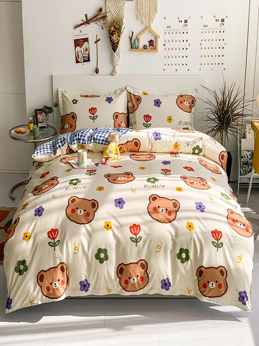 JC Collection Kids Beige Printed Single Bedsheet with 2 Pillow Covers & 1 Quilt Cover Price in India