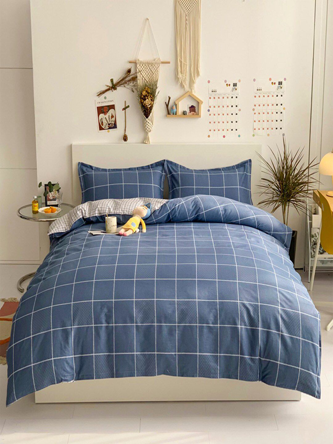 JC Collection White & Blue Checked Cotton Single  Bedding Set Price in India