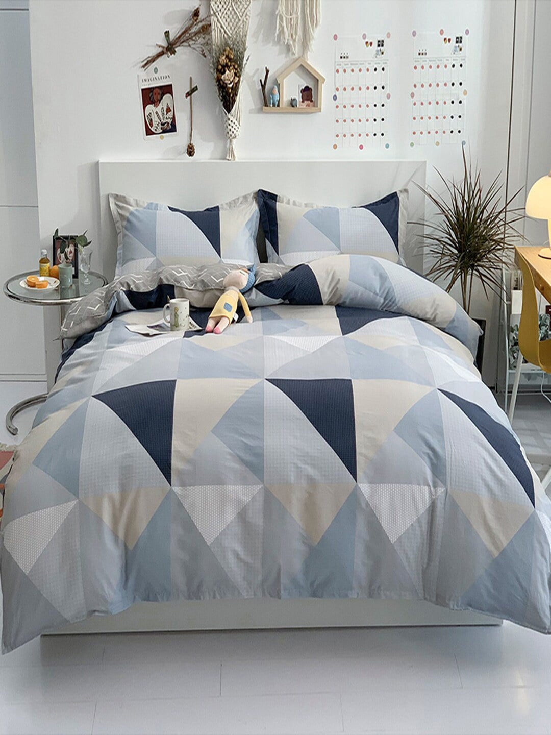 JC Collection Blue & Grey Geometric Printed Pure Cotton Bedding Set Price in India